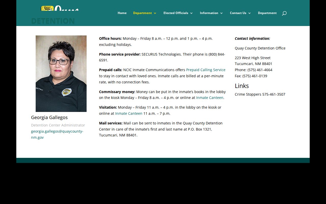 Quay County Detention Department contact and office-hours page